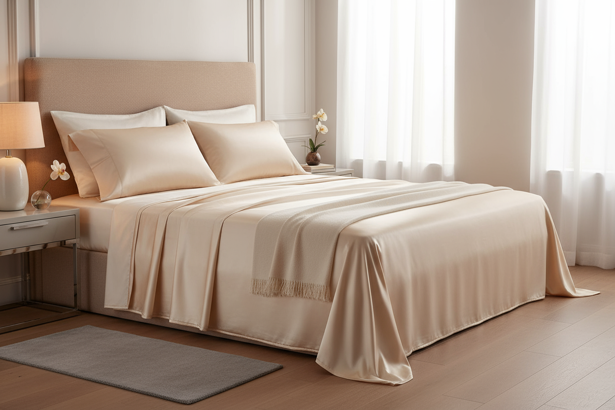 Camera da letto lussuosa con set lenzuola in seta