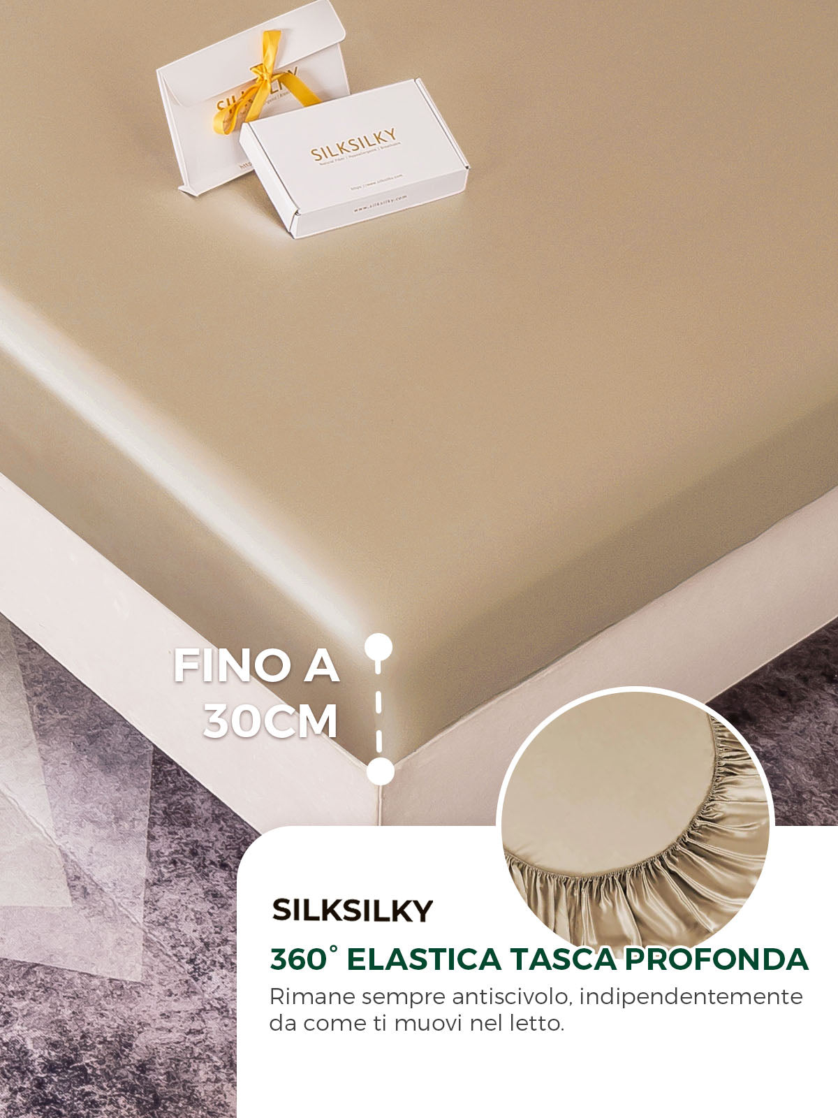 Set da 3 pezzi in seta 19Momme: lenzuolo con angoli + 2 federe