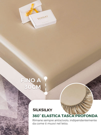 Set da 4 pezzi in seta 22Momme: lenzuolo sopra + lenzuolo con angoli + 2 federe