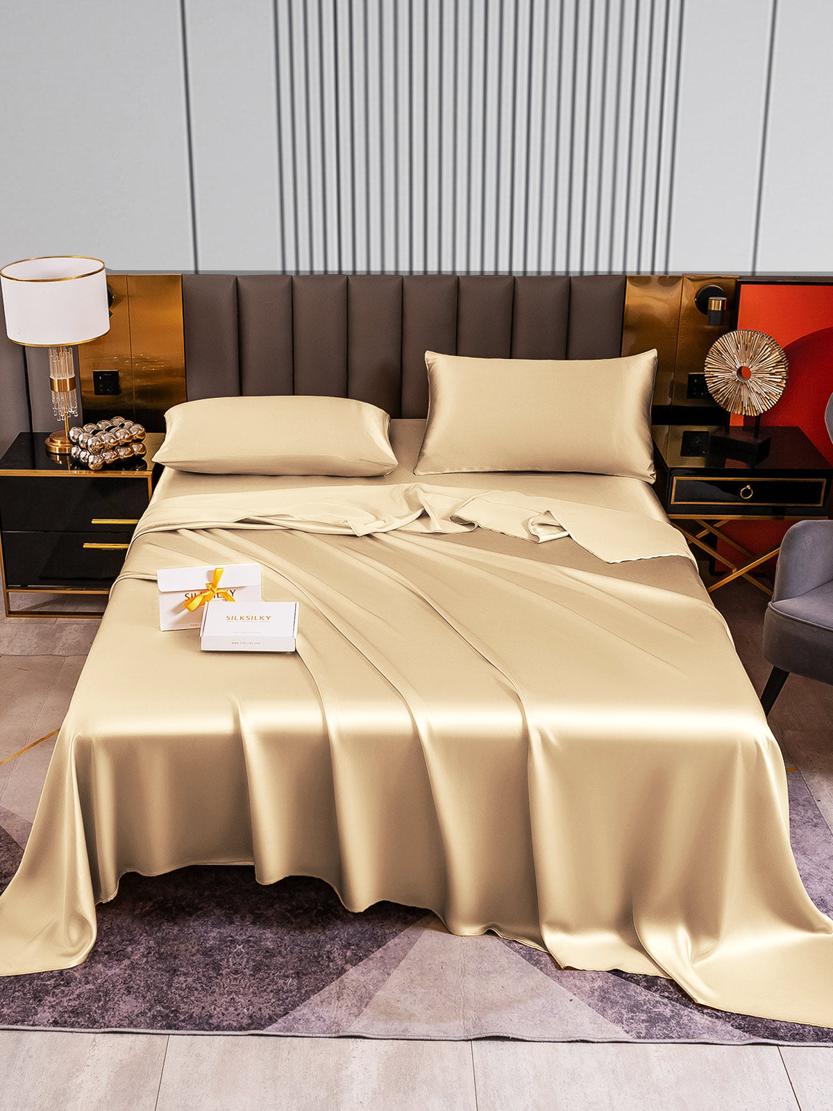 Set da 4 pezzi in seta 22Momme: lenzuolo sopra + lenzuolo con angoli + 2 federe