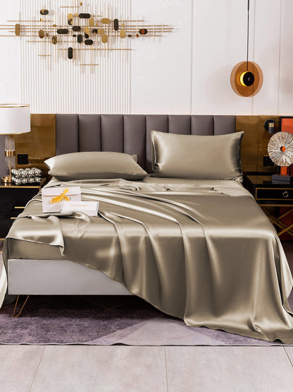 Set di seta 19Momme da 4 pezzi: lenzuolo sopra + lenzuolo con angoli + 2 federe