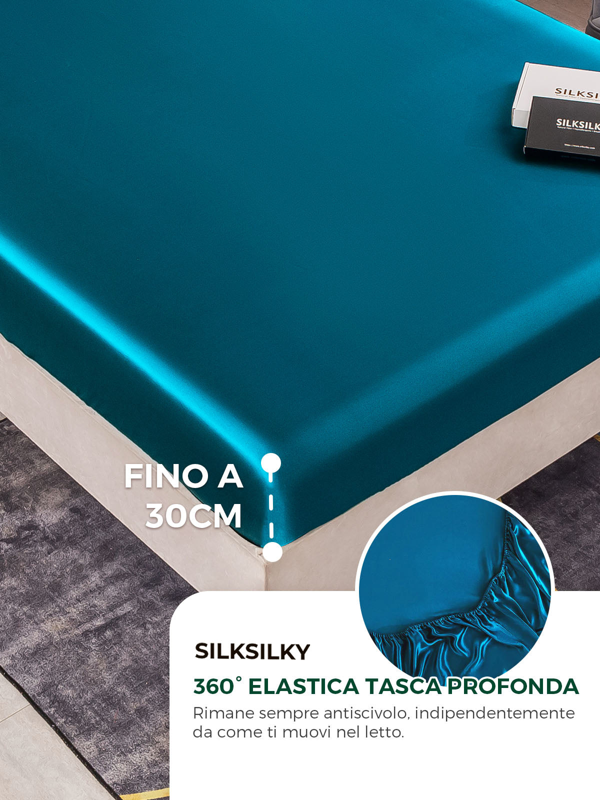 Set da 3 pezzi in seta 19Momme: lenzuolo con angoli + 2 federe