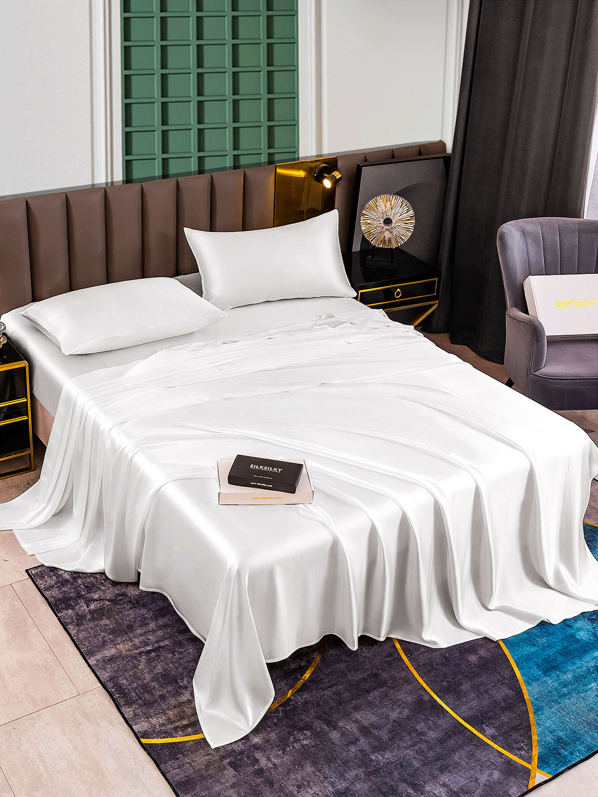 Set da 4 pezzi in seta 25Momme: lenzuolo sopra + lenzuolo con angoli + 2 federe